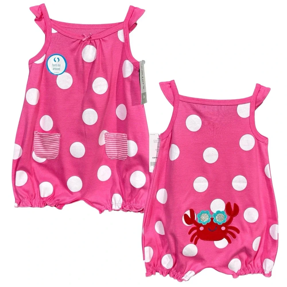 Carter's Baby Girls Cotton‎ Romper One-Piece Outfit Size 3M Pink Polka Dot Crab